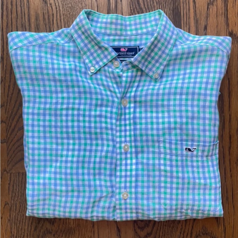 Vineyard Vines Slim Fit Tucker Shirt Mens Blue Green Plaid Size Large hole/wear